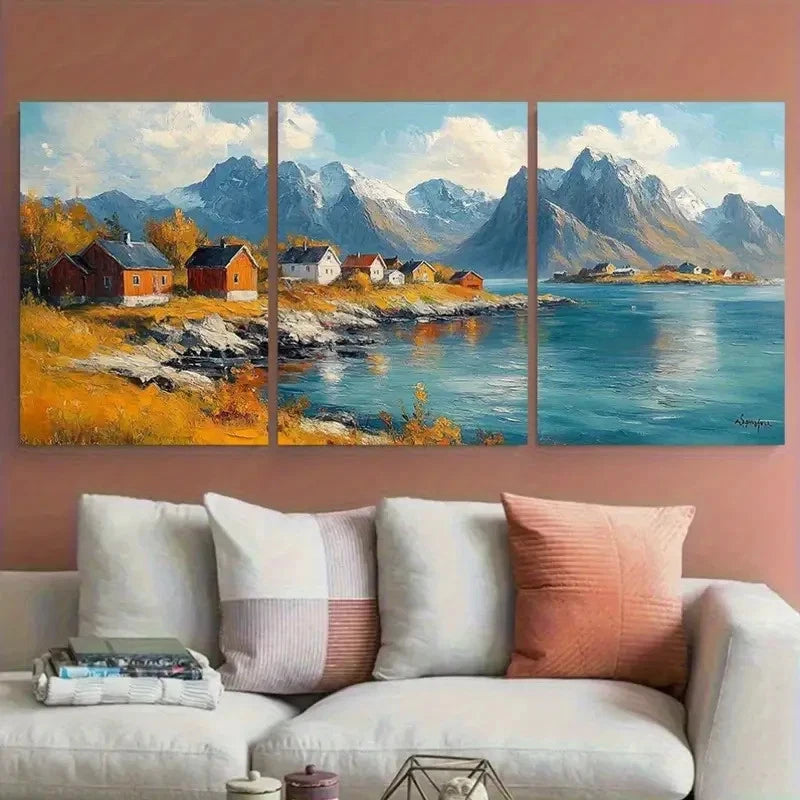 3pcs Vibrant Norway Landscape with Red Houses Metal Print Ready to Hang Art - Bella Home Decor