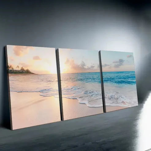 3pcs Elegant Nordic Sea & Waves at Sunrise Wall Art Canvas Unframed - High Quality Print 100% Australian Made Wall Canvas