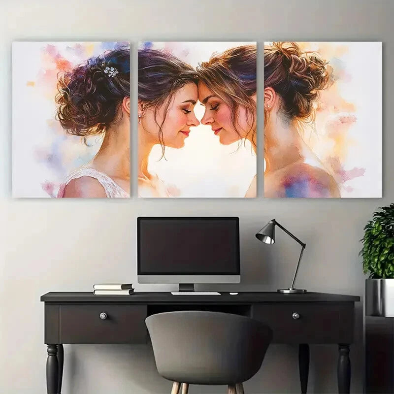 3pcs Portrait of a Lesbian Couple Illustration Metal Print Ready to Hang Art - Bella Home Decor
