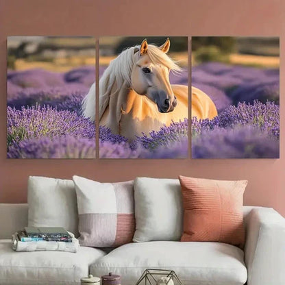 3pcs Serene Palomino Horse in Lavender Field Wall Art Canvas Unframed - High Quality Print 100% Australian Made Wall Canvas