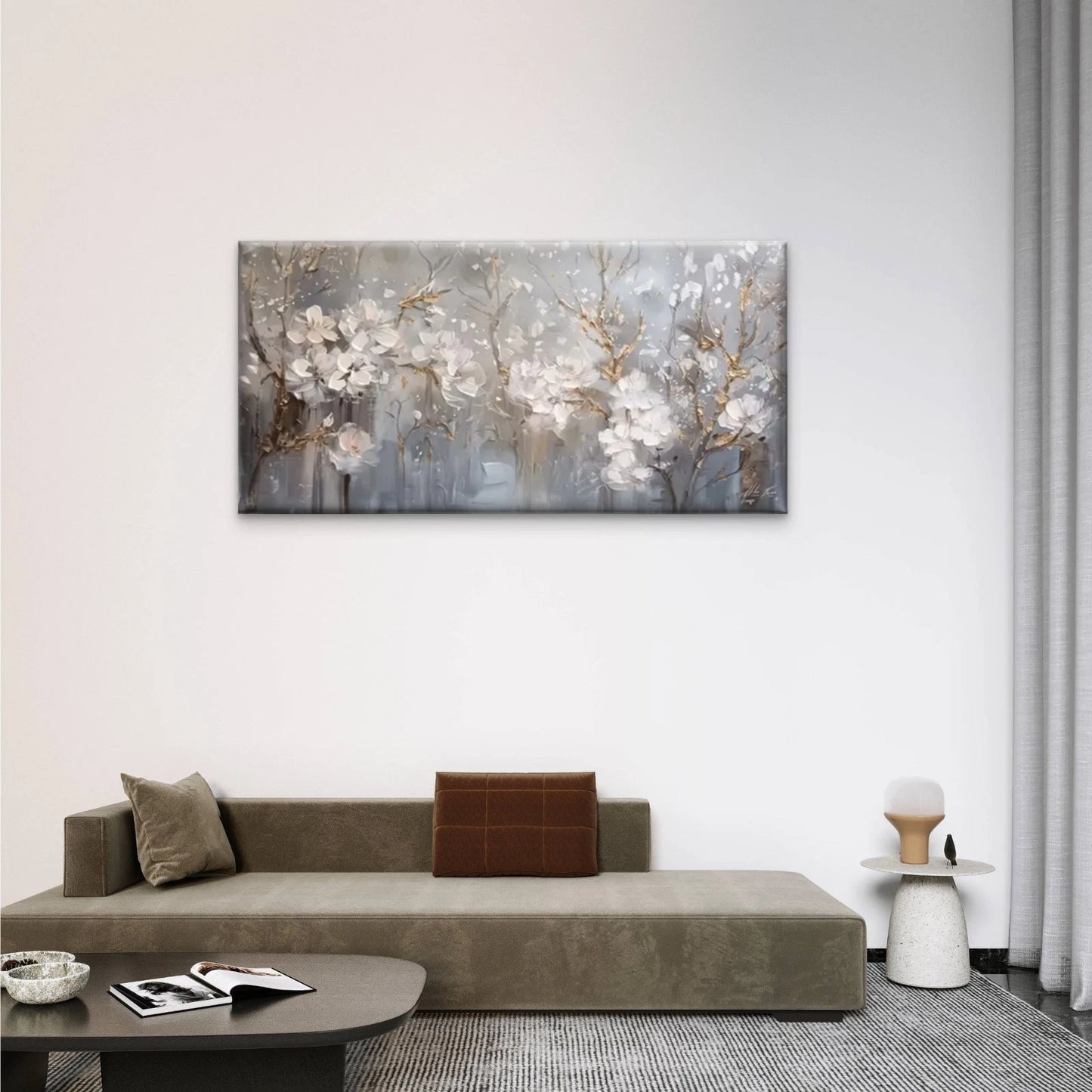 White Flowers Gray White Wall Art Canvas Office Home Room Framed 120x60cm