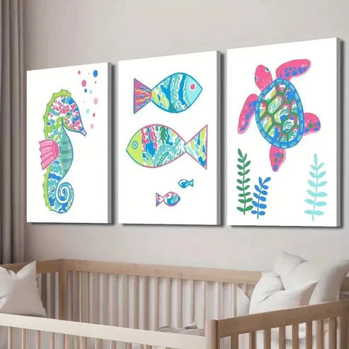 3pcs Style Seahorse Fish and Turtle Painting Wall Art Canvas Unframed - High Quality Print 100% Australian Made Wall Canvas