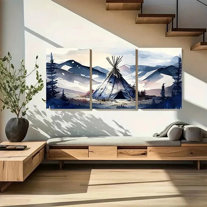 3pcs Blue Mountain Native Tip Modern & Rustic Metal Print Ready to Hang Art - Bella Home Decor