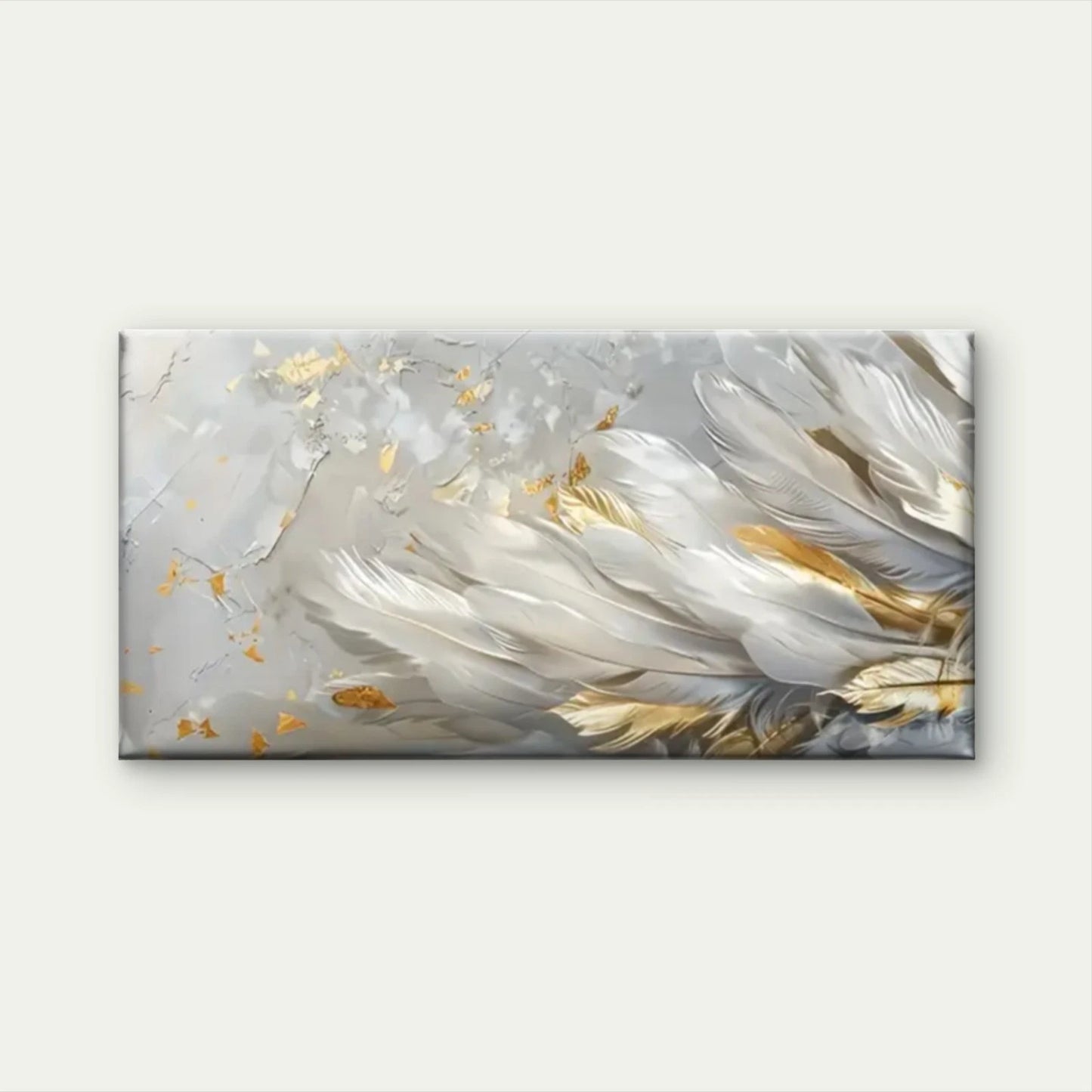 Long Feathers White Gold Wall Art Canvas Office Home Room Framed 120x60cm