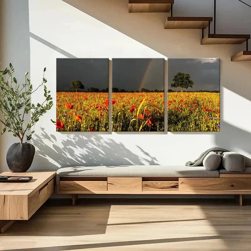 3pcs Vibrant Flower Field & Rainbow Landscape Wall Art Set Canvas Framed 40x60cm - High Quality Print 100% Australian Made Wall Canvas Ready to Hang - Bella Home Decor