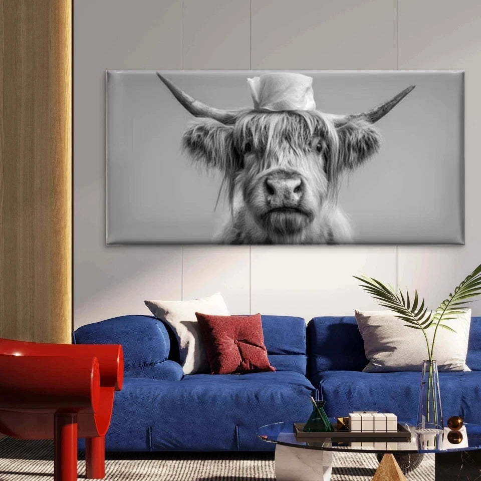Black and White Scottish Cow Wall Art Canvas Office Home Room Framed 120x60cm