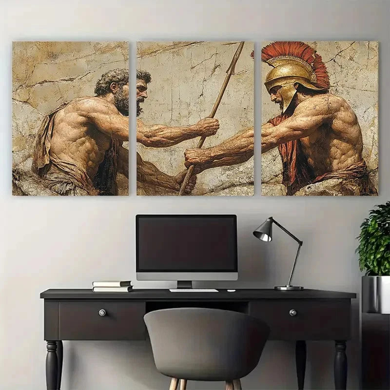 3pcs Menelaus Supporting Patroclus Illustration Metal Print Ready to Hang Art - Bella Home Decor