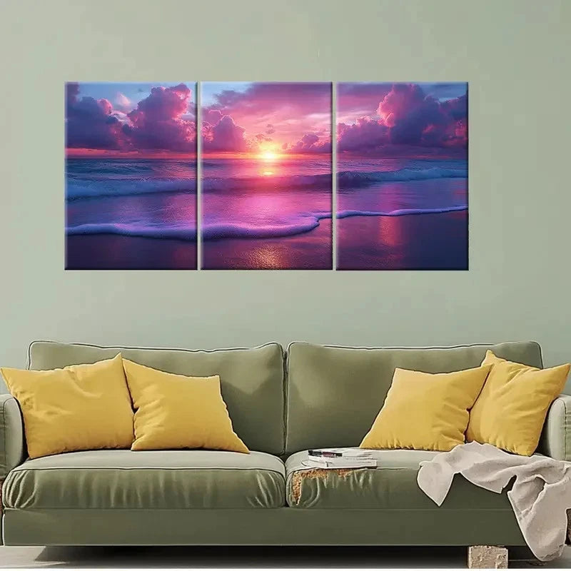 3pcs Beach Sunrise Cotton Candy Pink Perfect Wall Art Set Canvas Framed 40x60cm - High Quality Print 100% Australian Made Wall Canvas Ready to Hang - Bella Home Decor