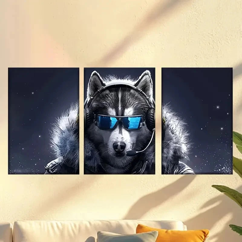 3pcs dog wearing helmet and Fashion Glasses Wall Art Set Canvas Framed 50x70cm - High Quality Print 100% Australian Made Wall Canvas Ready to Hang - Bella Home Decor