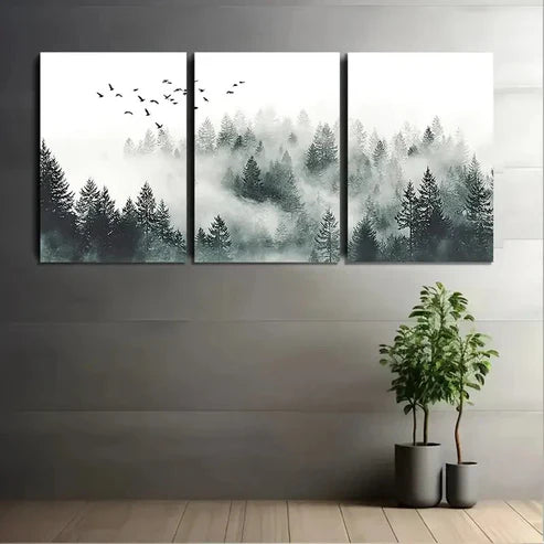 3pcs Misty Forest With Birds Flying Wall Art Set Canvas Unframed - High Quality Print 100% Australian Made Wall Canvas