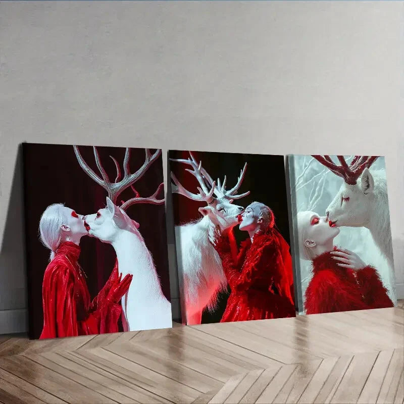 3pcs White Deer, girl (4) Wall Art Set Canvas Unframed - High Quality Print 100% Australian Made Wall Canvas