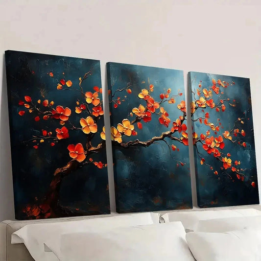 3pcs Golden Plum Blossom Tree DG Wall Art Set Canvas Framed 40x60cm - High Quality Print 100% Australian Made Wall Canvas Ready to Hang