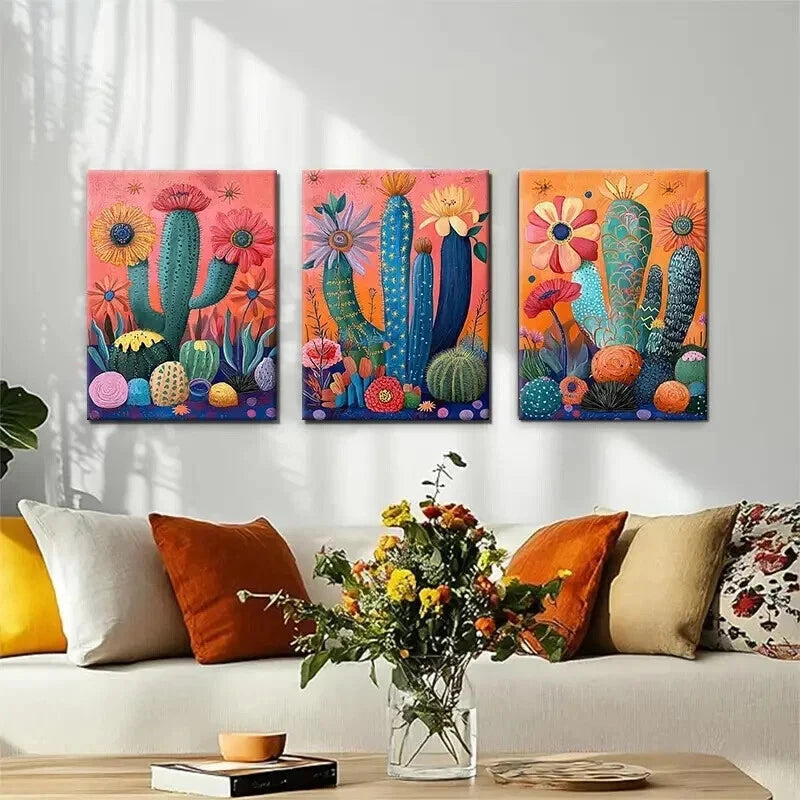 3pcs Vibrant Cactus Desert Botanical Perfect Wall Art Set Canvas Framed 60x90cm - High Quality Print 100% Australian Made Wall Canvas Ready to Hang - Bella Home Decor
