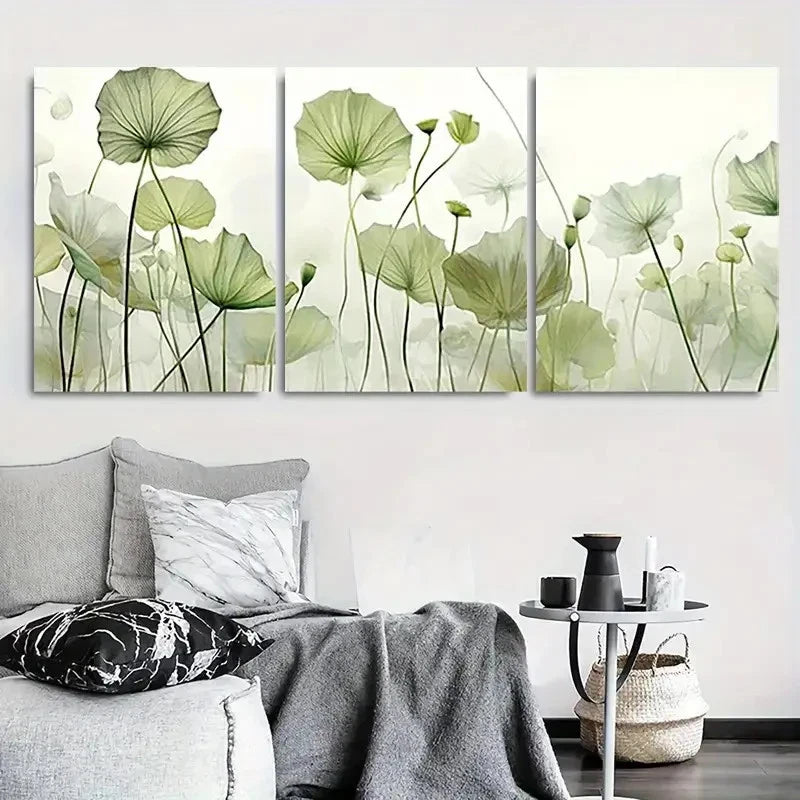 3pcs Serene Green for Lotus Leaf Abstract Wall Art Set Canvas Framed 40x60cm - High Quality Print 100% Australian Made Wall Canvas Ready to Hang