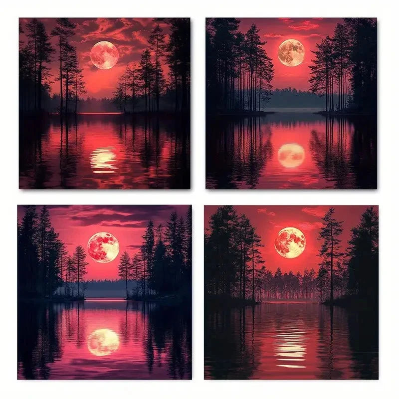 4pcs Red sun and dark night treeWall Art Canvas Framed