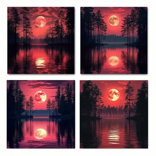 4pcs Red sun and dark night treeWall Art Canvas Framed