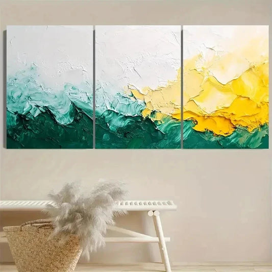 3pcs Vibrant Green, White & Yellow Wall Art Set Canvas Framed 50x70cm- High Quality Print 100% Australian Made Wall Canvas Ready to Hang