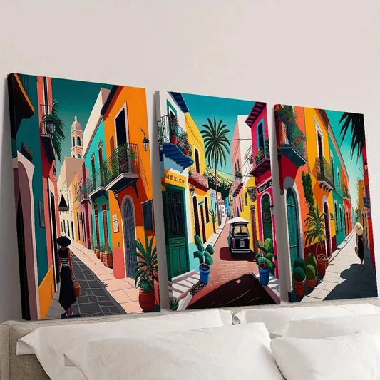 3pcs Colorful retro Mexican street art, Mexican Wall Art Set Canvas Framed 40x60cm - High Quality Print 100% Australian Made Wall Canvas Ready to Hang