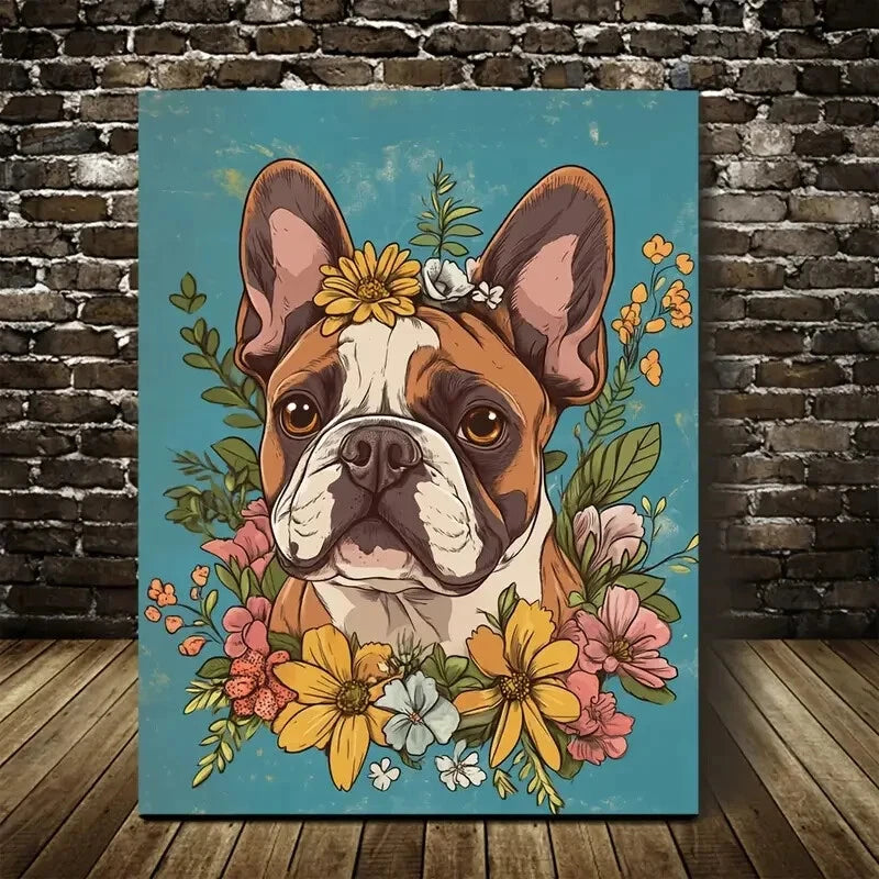 Cute Bulldog with Flowers Vibrant Floral Crown Dog 40x60cm Metal Print Ready to Hang - Bella Home Decor