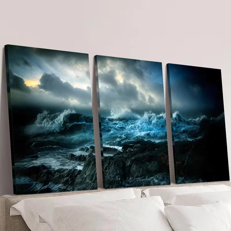 3pcs Dark Blue & Black Night Ocean Waves  Wall Art Set Canvas Framed 60x90cm - High Quality Print 100% Australian Made Wall Canvas Ready to Hang - Bella Home Decor