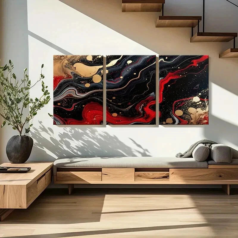 3pcs Abstract Art Red Black Golden Poster Metal Print Ready to Hang Art - Bella Home Decor