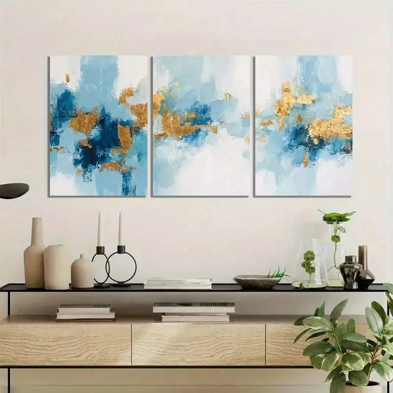 3pcs Abstract Art Blue And Golden Painting Metal Print Ready to Hang Art - Bella Home Decor