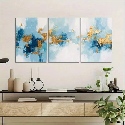 3pcs Abstract Art Blue And Golden Painting Metal Print Ready to Hang Art - Bella Home Decor
