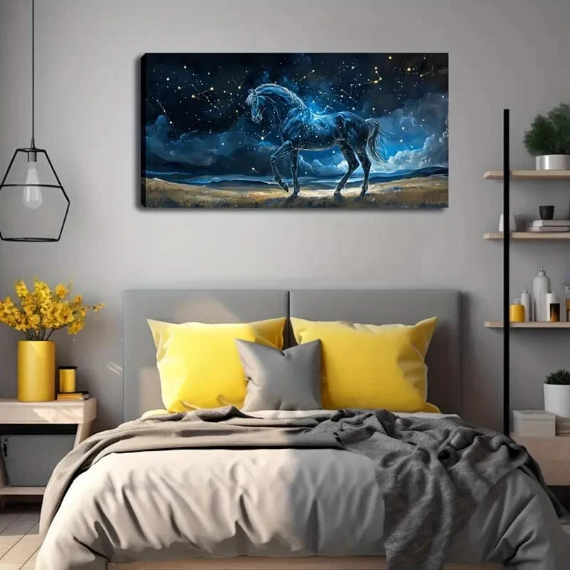 Majestic Black Horse in Starry Wall Art Canvas Office Home Room Framed 120x60cm - Bella Home Decor