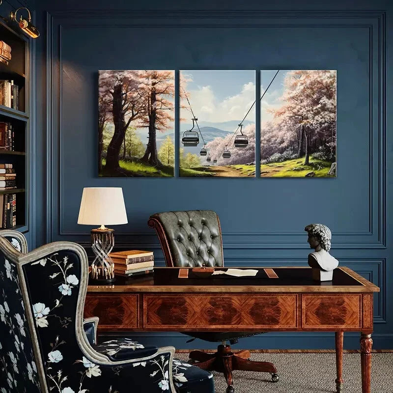 3pcs Sakura Cable Car Mountain View Forest Metal Print Ready to Hang Art - Bella Home Decor