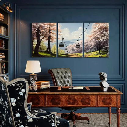 3pcs Sakura Cable Car Mountain View Forest Metal Print Ready to Hang Art - Bella Home Decor