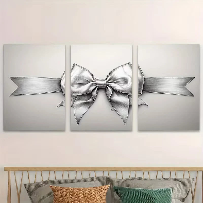 3pcs Black and White Bow Sketch Ribbon Drawing  Wall Art Set Canvas Framed 50x70cm - High Quality Print 100% Australian Made Wall Canvas Ready to Hang - Bella Home Decor