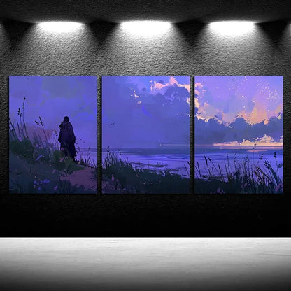 3pcs Vibrant Girl on The Beach Purple Illustration Metal Print Ready to Hang Art - Bella Home Decor