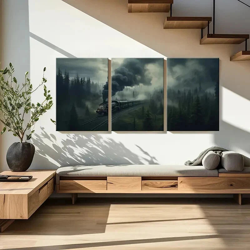 3pcs Misty Forest Steam Train Dark Sky Metal Print Ready to Hang Art - Bella Home Decor