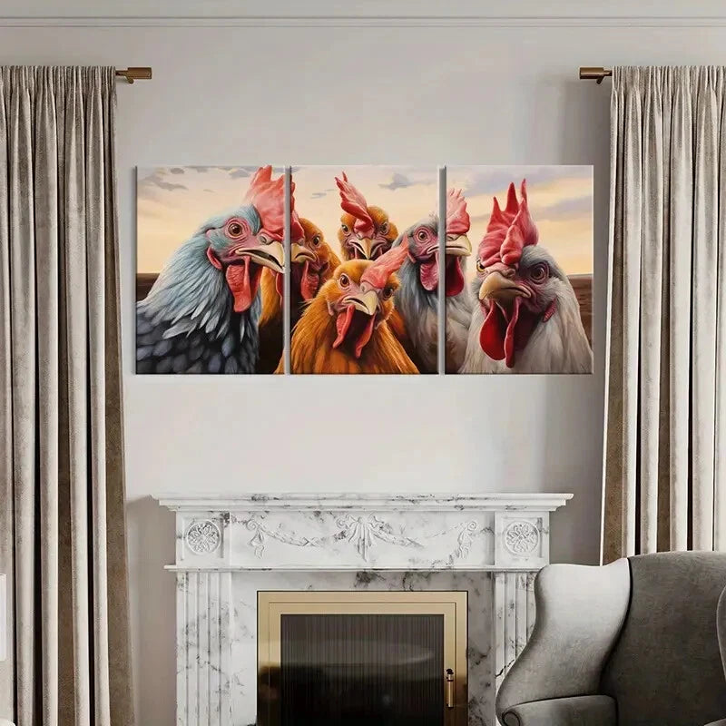 3pcs Roosters Colorful Feathers Sunset Sky Metal Print Ready to Hang Art - Bella Home Decor