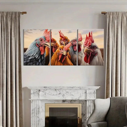3pcs Roosters Colorful Feathers Sunset Sky Metal Print Ready to Hang Art - Bella Home Decor