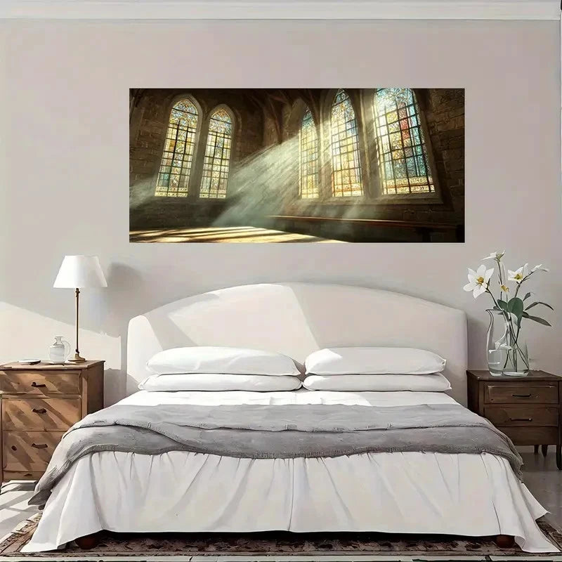 Gothic Interior Glass Window Wall Art Canvas Office Home Room Framed 120x60cm.