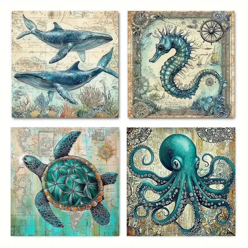 4pcs Teal Ocean Animal Marine Life Wall Art Canvas Framed