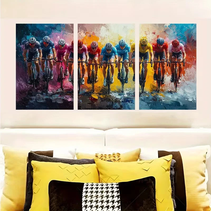 3pcs Colorful Cycling Race Painting Metal Print Ready to Hang Art - Bella Home Decor