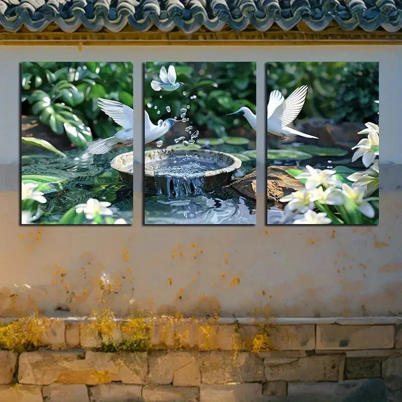 3pcs Vibrant Peace Dove with Lake and Florals Metal Print Ready to Hang Art