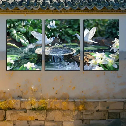 3pcs Vibrant Peace Dove with Lake and Florals Metal Print Ready to Hang Art