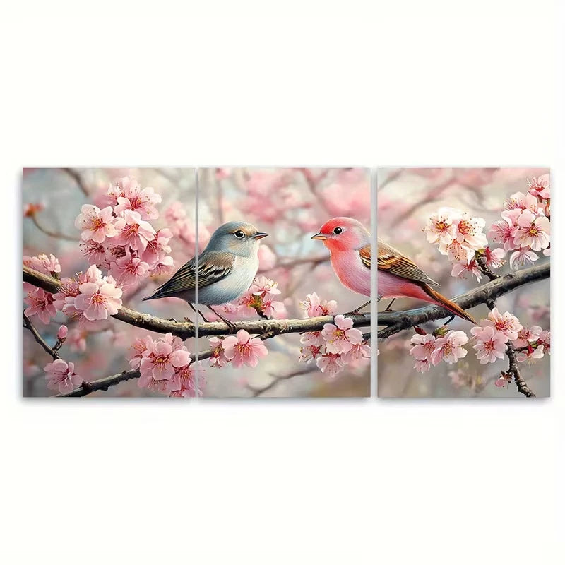 3pcs Pink Birds Cherry Blossom Butterflies Metal Print Ready to Hang Art - Bella Home Decor