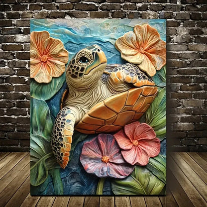 Featuring a Turtle Among Blooming Flowers Painting 40x60cm Metal Print Ready to Hang - Bella Home Decor