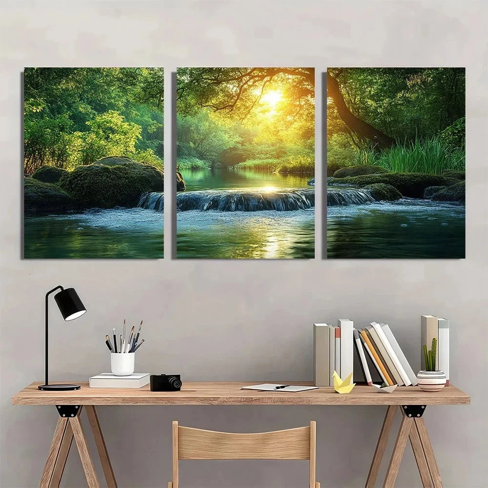 3pcs Bamboo Forest and River Modern Zen Style Metal Print Ready to Hang Art - Bella Home Decor