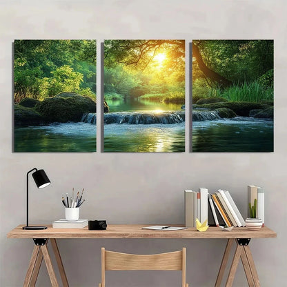 3pcs Bamboo Forest and River Modern Zen Style Metal Print Ready to Hang Art - Bella Home Decor