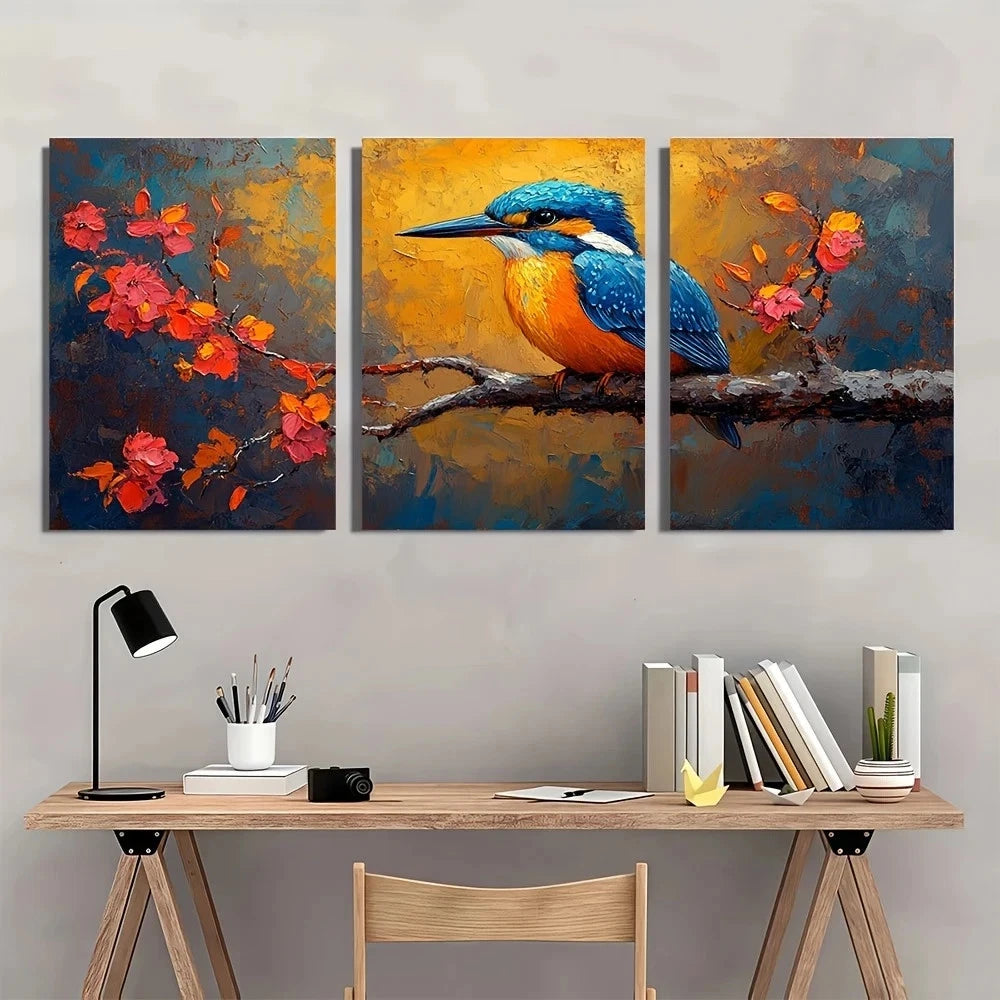 3pcs Blue Kingfisher Bird Wildlife Metal Print Ready to Hang Art - Bella Home Decor