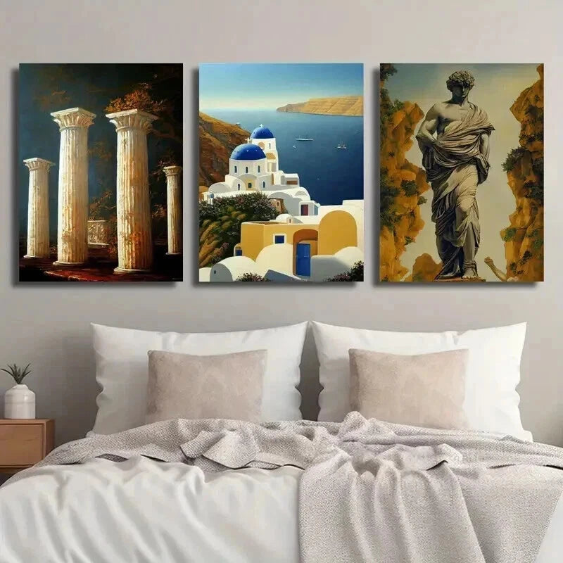 3pcs Santorini Island Landscape Statue Perfect Wall Art Set Canvas Framed 60x90cm - High Quality Print 100% Australian Made Wall Canvas Ready to Hang - Bella Home Decor
