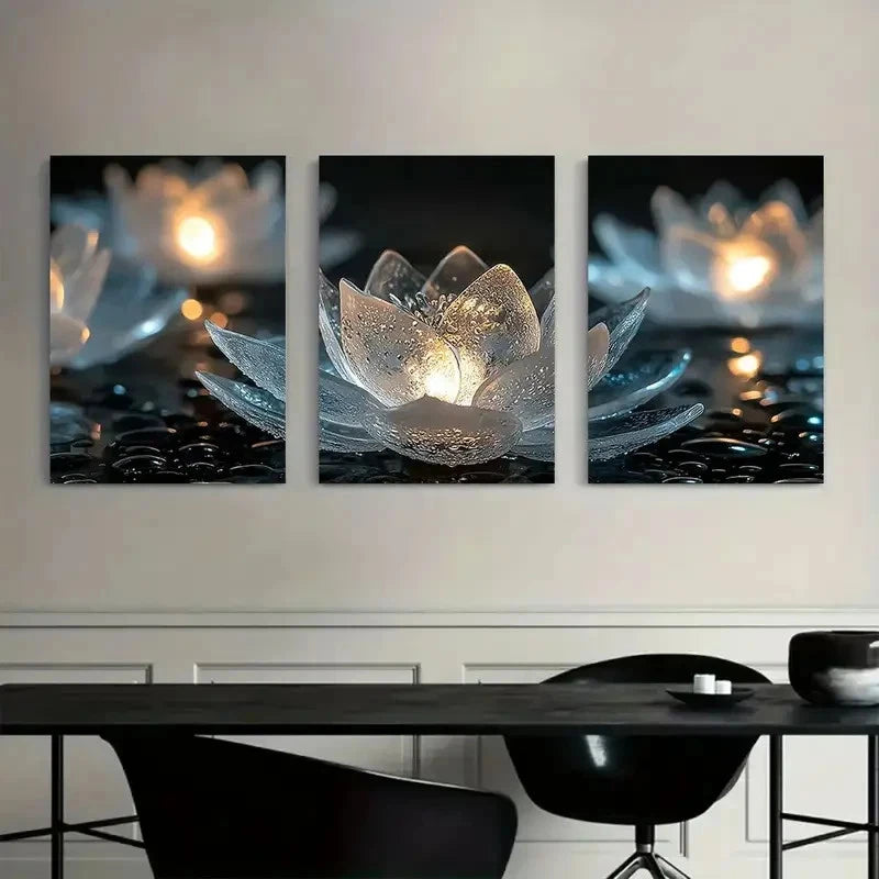 3pcs Glowing for Lotus Flowers in Glass Metal Print Ready to Hang Art - Bella Home Decor