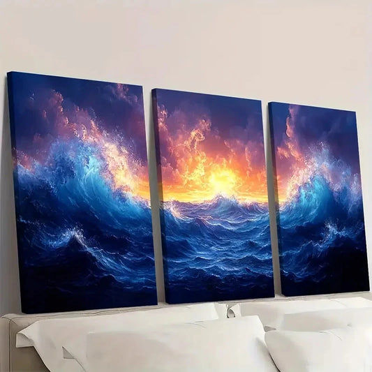 3pcs Ocean Waves Vibrant Underwater UI Wall Art Set Canvas Framed 50x70cm - High Quality Print 100% Australian Made Wall Canvas Ready to Hang