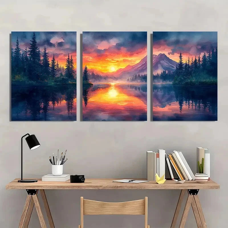 3pcs Oregon Watercolor Painting Mountain Lake Metal Print Ready to Hang Art - Bella Home Decor