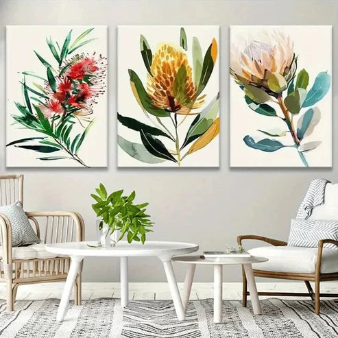 3pcs Flower Decor with Green Leaves Wall Art Canvas Unframed - High Quality Print 100% Australian Made Wall Canvas
